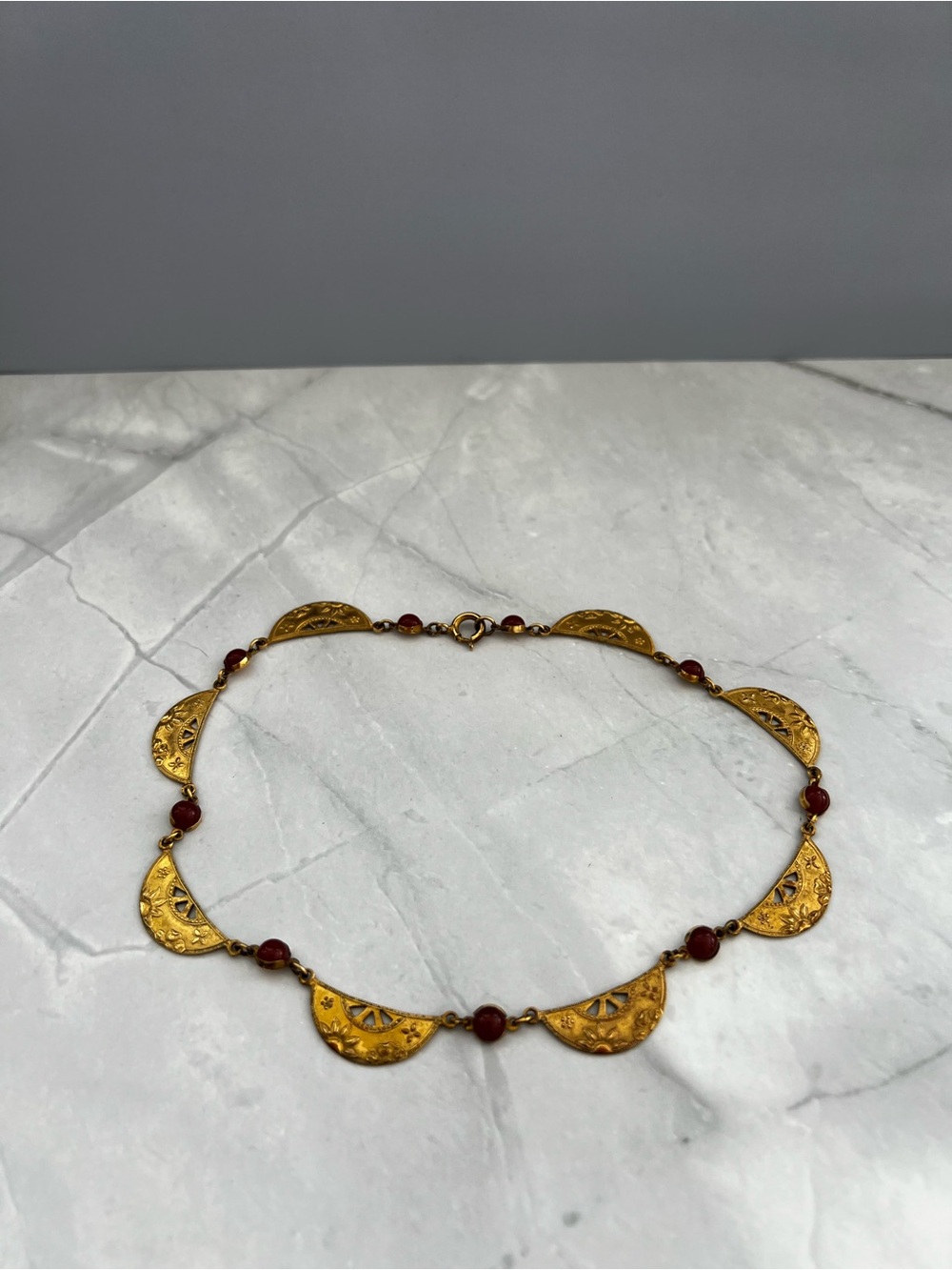 Czech Art Deco Brass Necklace, Amber Cabochons | 1930s
